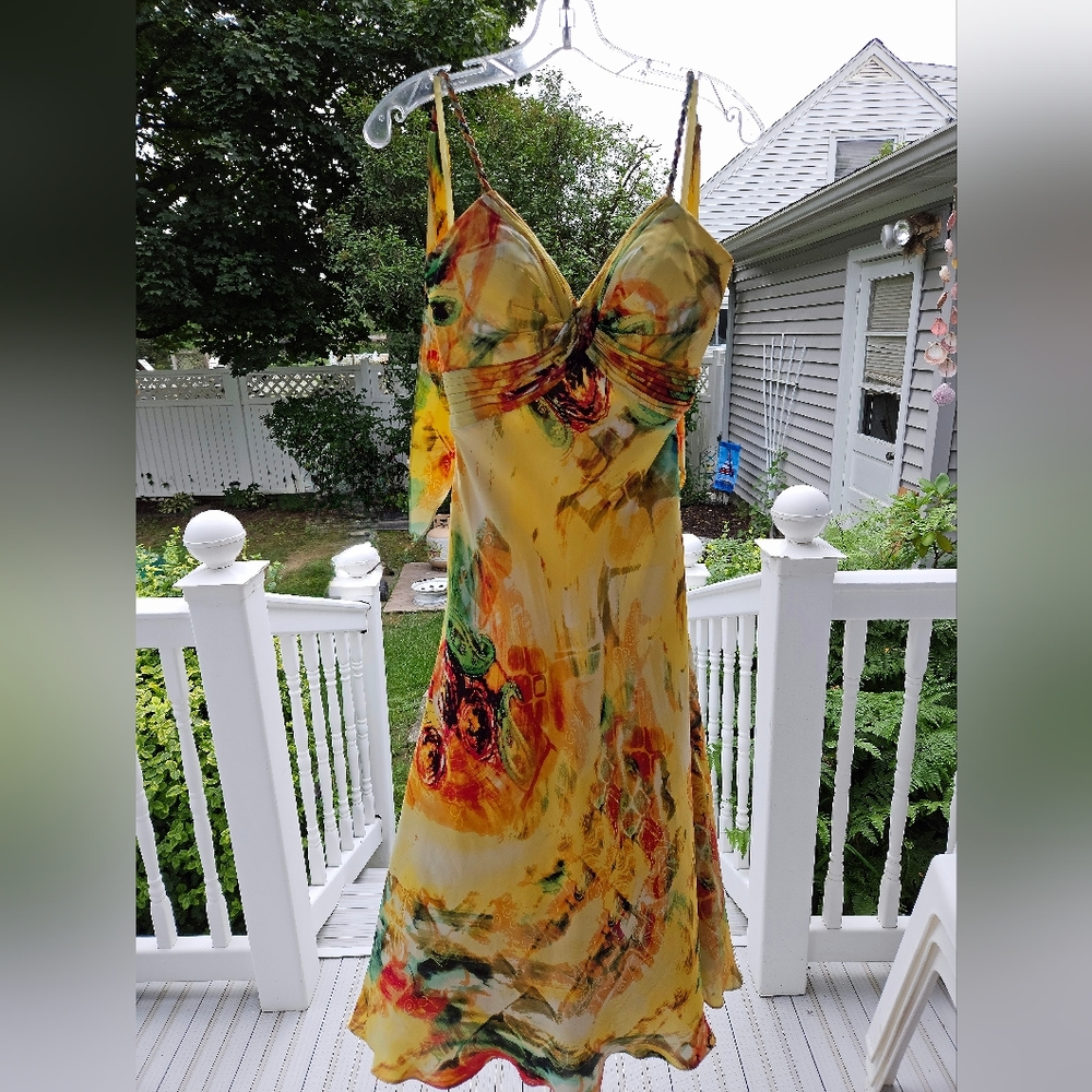Rare Vintage Cache Silk Floral Roses & Paisley Abstract Print Midi Dress